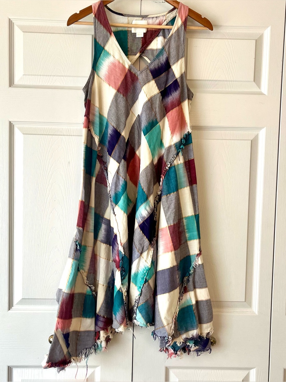 Maeve Plaid Asymmetrical Handkerchief-Hem Dress in Teal, Pink & Gray Size M